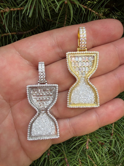 MOISSANITE Floating Diamond Hourglass Pendant - 14k Yellow Gold Vermeil Or 925 Silver - Medium 2"