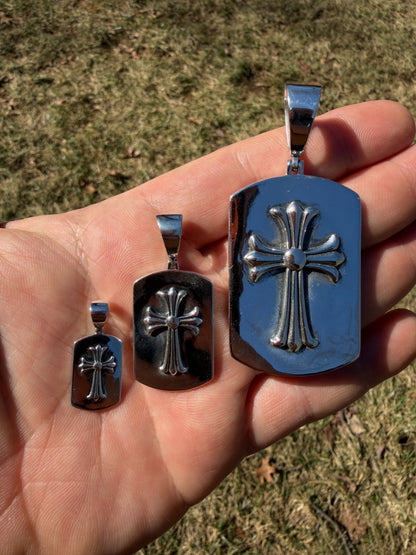 Hearts Chrome Dog Tag Cross Pendant - 925 Silver - 3 Sizes 1"-2.75"