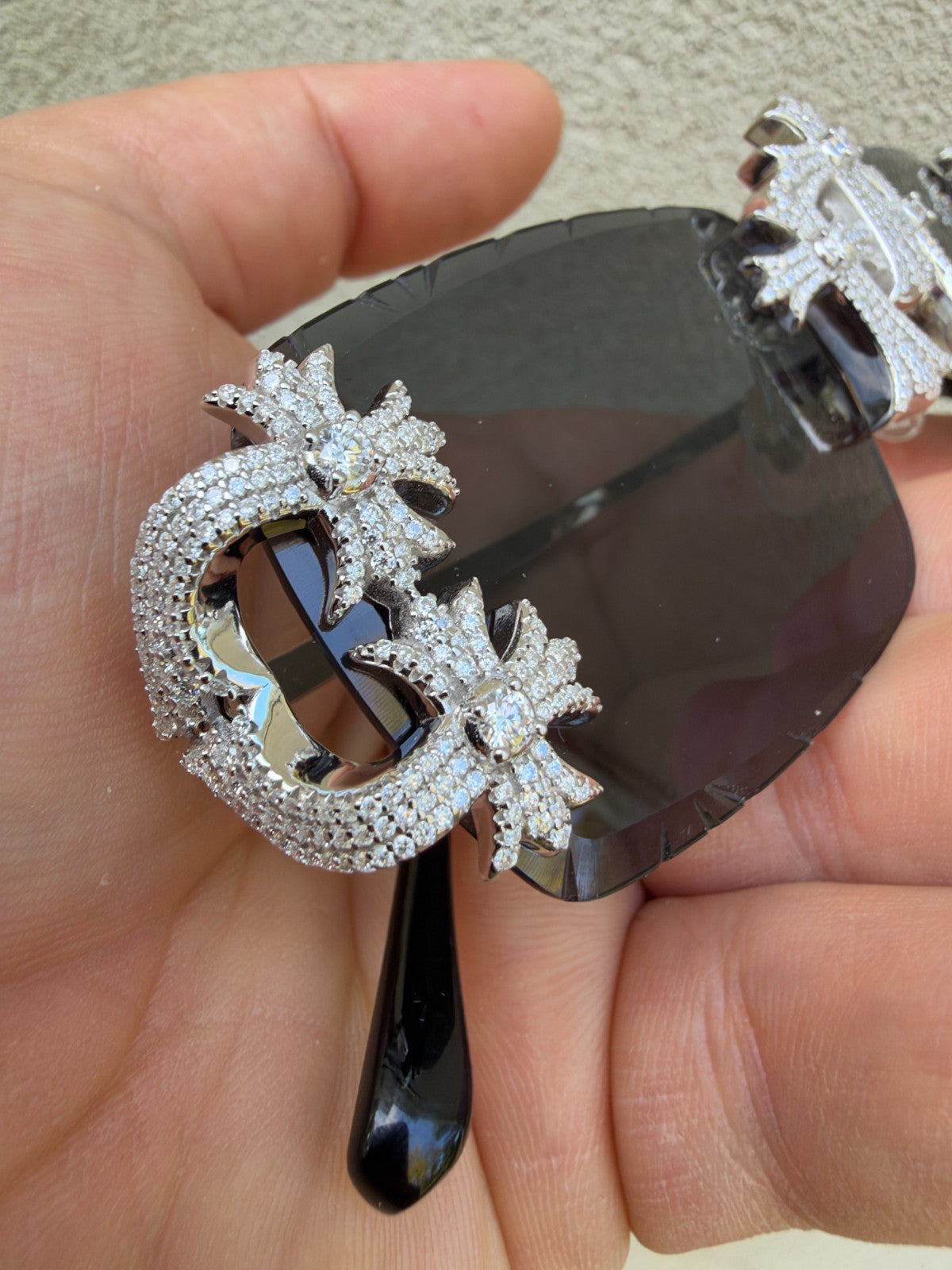 MOISSANITE Hearts Chrome Cross Iced Out Sunglasses - 925 Silver Buffs - Black