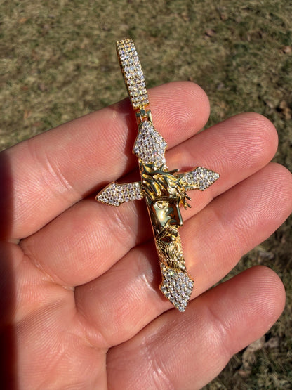 MOISSANITE Passion Of Christ Jesus On Gothic Cross Pendant - 14k Yellow Gold Vermeil Or 925 Silver - Large 2.5"