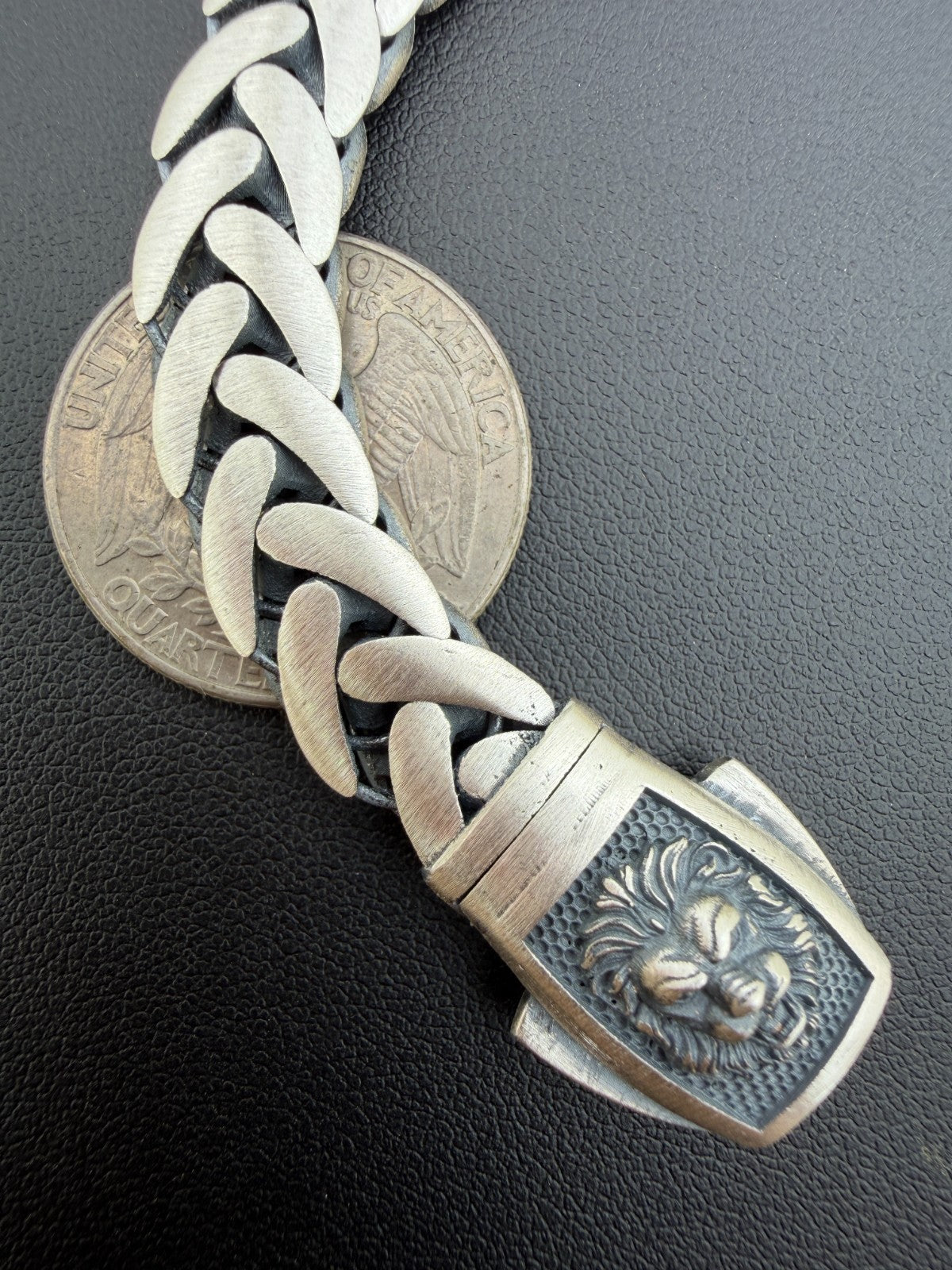 Wheat Link Bracelet With Custom Lion Sleek Clasp - 925 Sterling Silver Oxidized Gunmetal - 7"-9" - 10mm