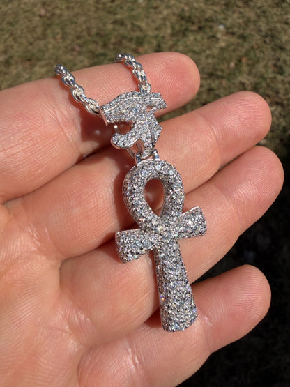 MOISSANITE Mosaic Setting Ankh W. Eye Of Horus Pendant - 14k Yellow Gold Vermeil Or 925 Silver - Medium 2"