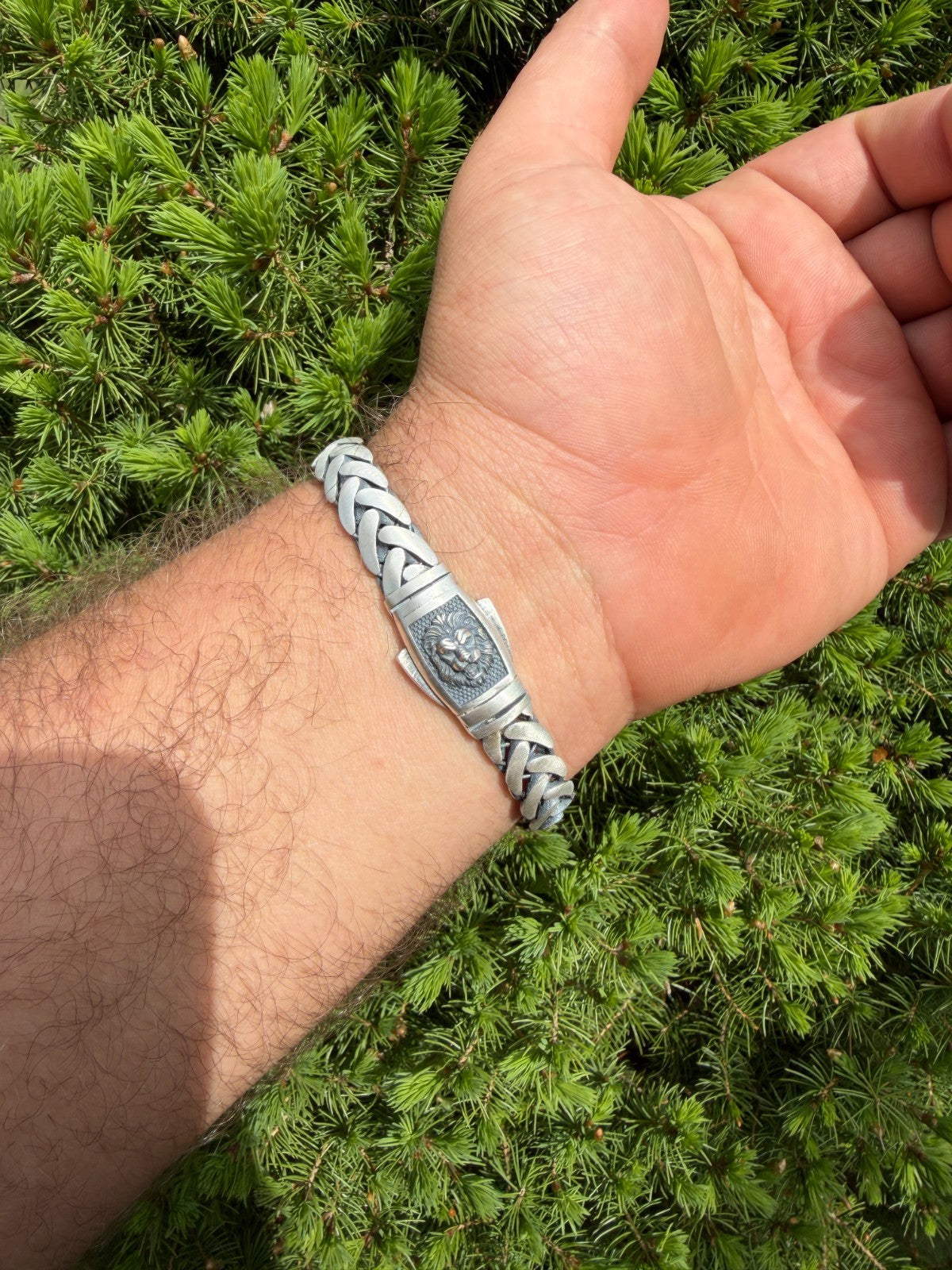 Wheat Link Bracelet With Custom Lion Sleek Clasp - 925 Sterling Silver Oxidized Gunmetal - 7"-9" - 10mm