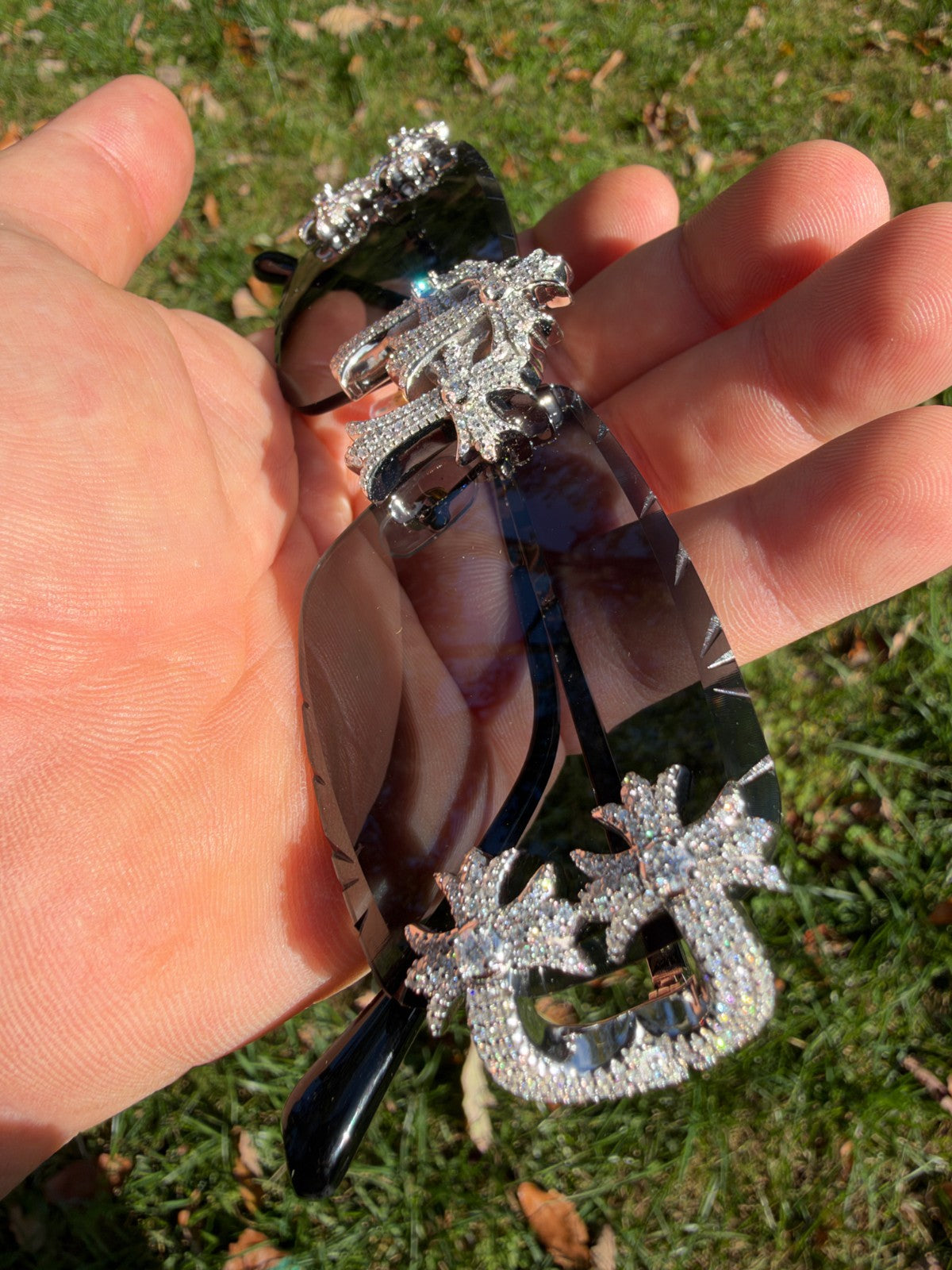 MOISSANITE Hearts Chrome Cross Iced Out Sunglasses - 925 Silver Buffs - Black