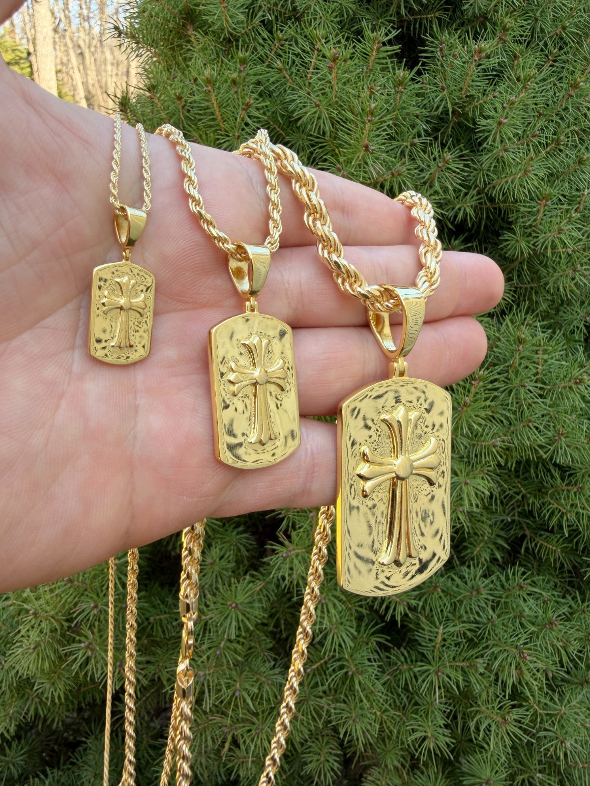 Hearts Chrome Dog Tag Cross Pendant - 14k Gold Vermeil 925 Silver - 3 Sizes 1"-2.75"