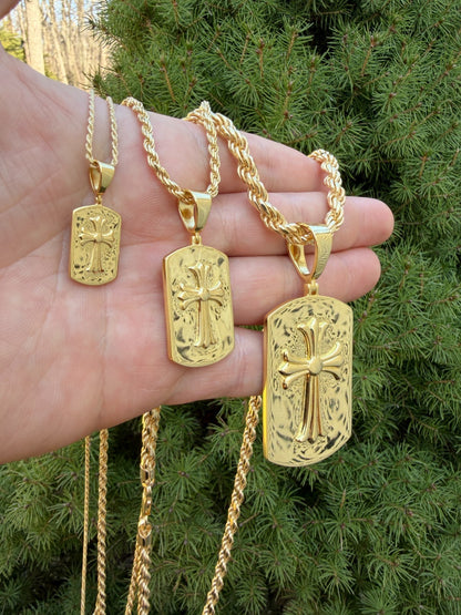 Hearts Chrome Dog Tag Cross Pendant - 14k Gold Vermeil 925 Silver - 3 Sizes 1"-2.75"