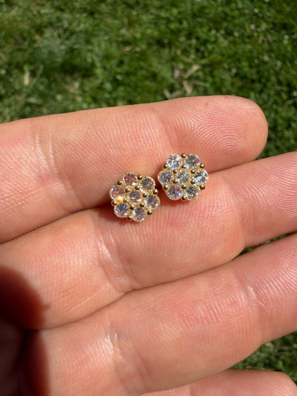 MOISSANITE Upside Down Reverse Set Cluster Iced Out Honeycomb Set Earrings - 14k Gold Vermeil 925 Silver - 6mm -11mm
