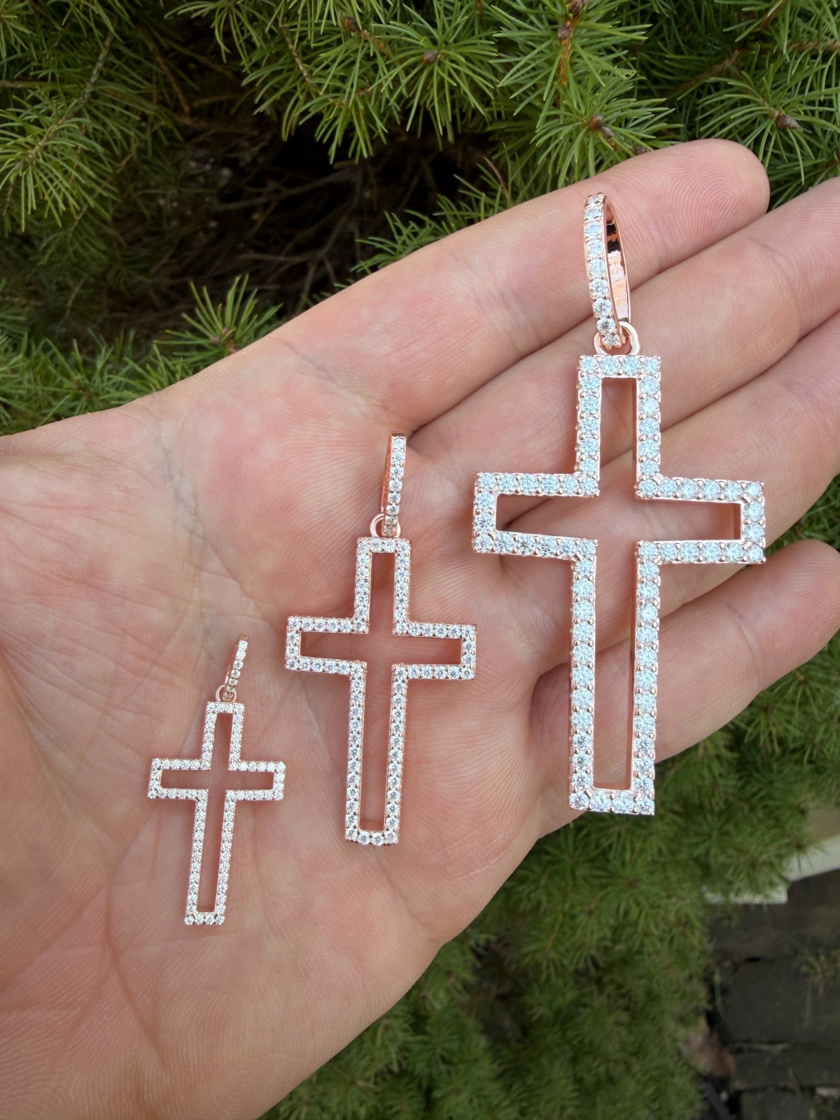 MOISSANITE Classic Cross Cutout Pendant - 14k Rose Gold Vermeil 925 Silver - 3 Sizes 1.33"-3"