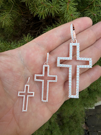 MOISSANITE Classic Cross Cutout Pendant - 14k Rose Gold Vermeil 925 Silver - 3 Sizes 1.33"-3"