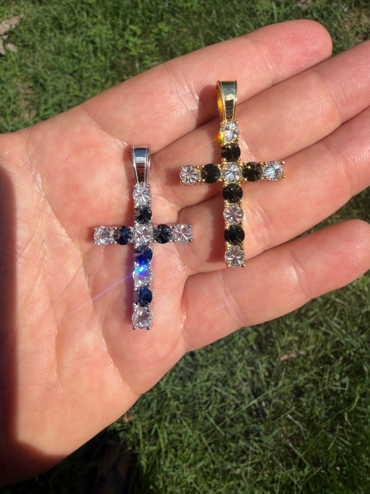 MOISSANITE Black & White Upside Down Set Cross Pendant - 14k Yellow Gold Vermeil Or 925 Silver - Medium 2"