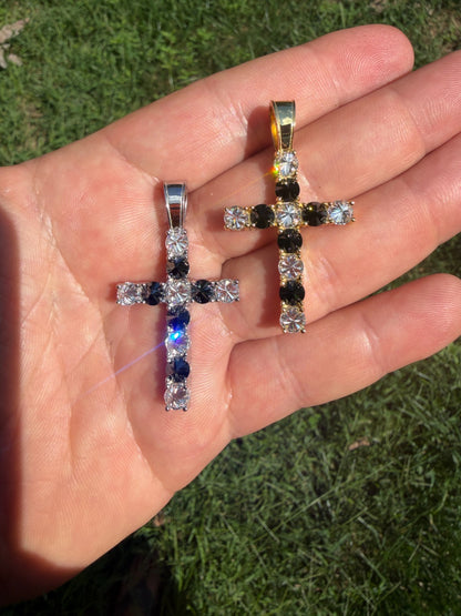 MOISSANITE Black & White Upside Down Set Cross Pendant - 14k Yellow Gold Vermeil Or 925 Silver - Medium 2"