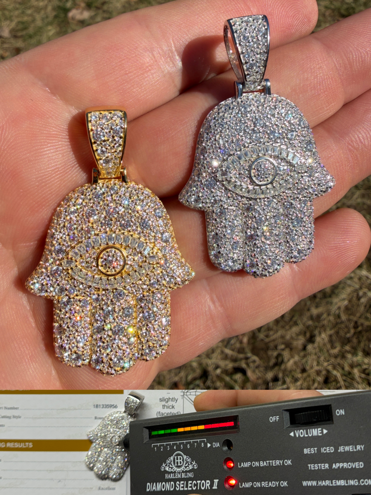 MOISSANITE Mosaic Setting Hamsa W. Evil Eye Pendant - 14k Yellow Gold Vermeil Or 925 Silver - Medium 2"