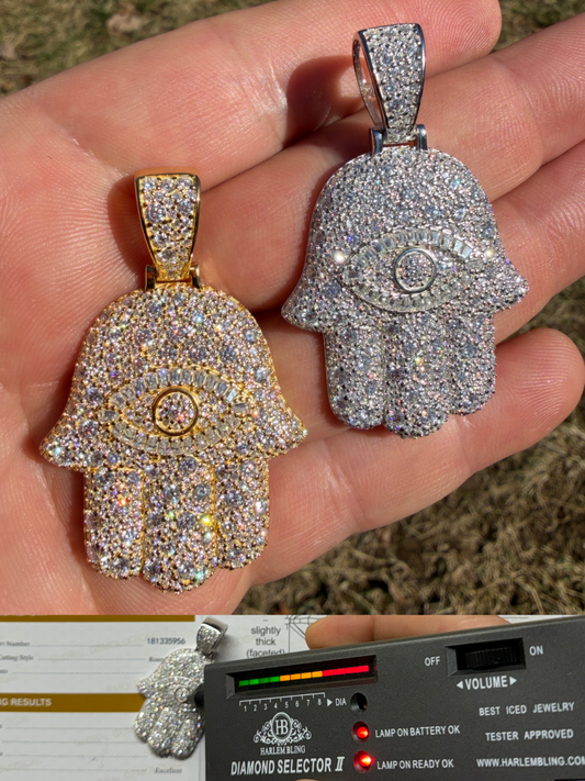 MOISSANITE Mosaic Setting Hamsa W. Evil Eye Pendant - 14k Yellow Gold Vermeil Or 925 Silver - Medium 2"