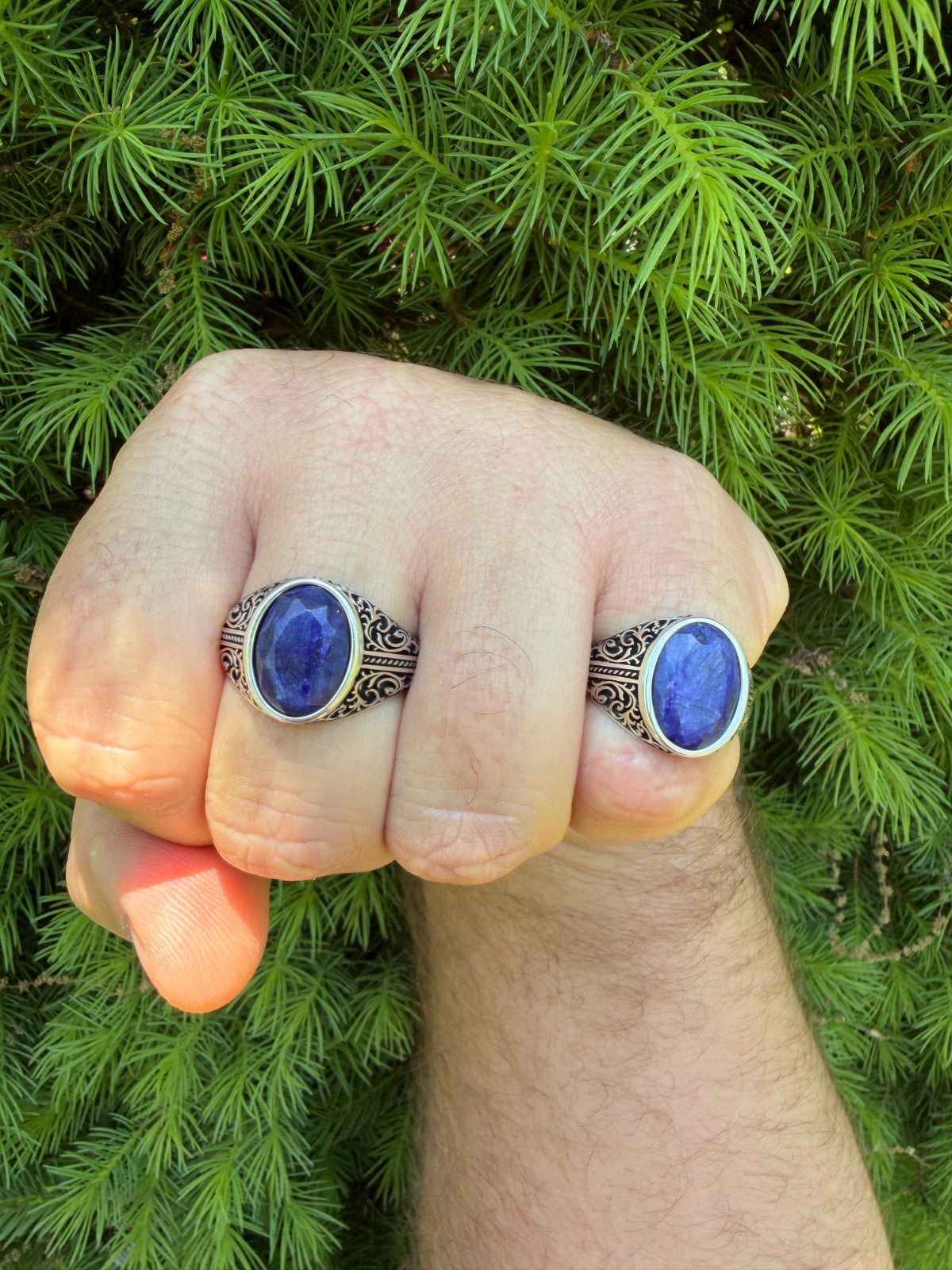 Columbian King Ring - 925 Silver Oxidized - Genuine Blue Sapphire Stone