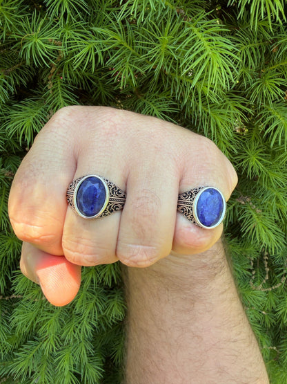 Columbian King Ring - 925 Silver Oxidized - Genuine Blue Sapphire Stone
