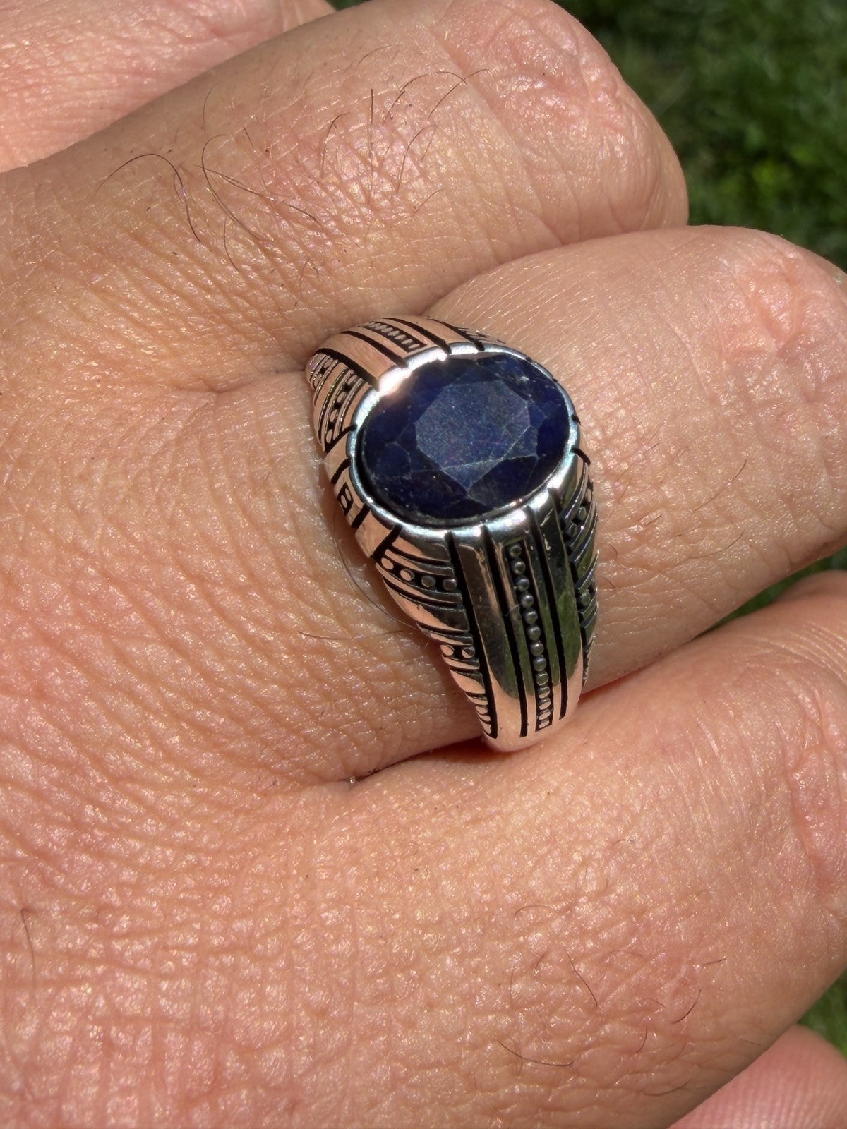 Navajo Tribe Ring - 925 Silver Oxidized - Genuine Blue Sapphire Stone
