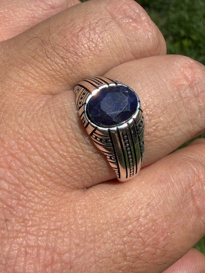 Navajo Tribe Ring - 925 Silver Oxidized - Genuine Blue Sapphire Stone