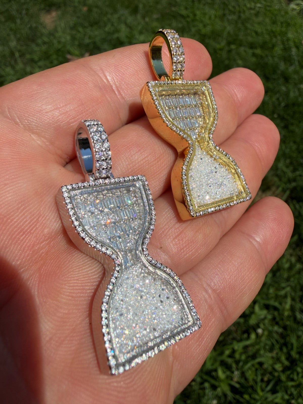 MOISSANITE Floating Diamond Hourglass Pendant - 14k Yellow Gold Vermeil Or 925 Silver - Medium 2"