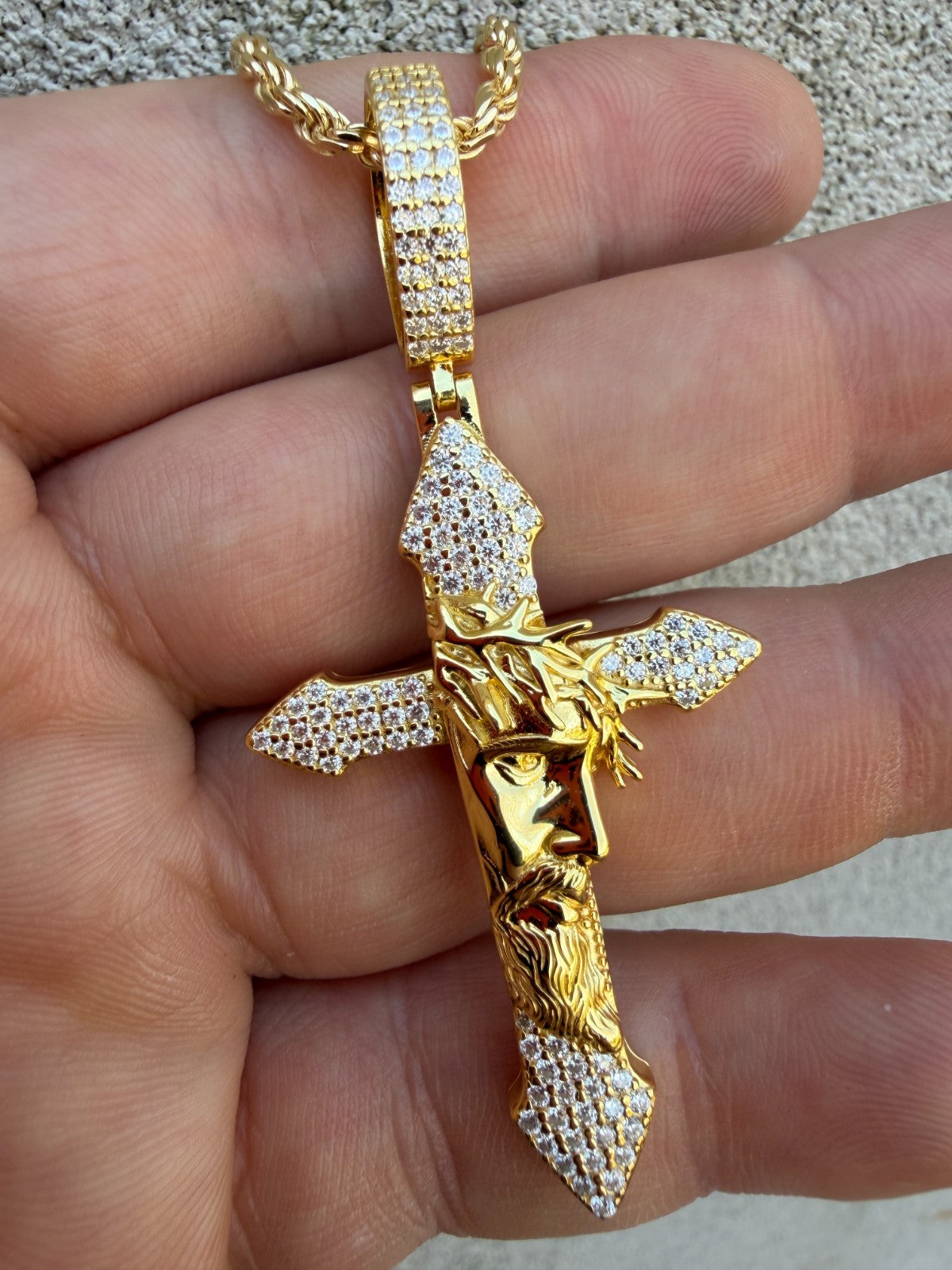 MOISSANITE Passion Of Christ Jesus On Gothic Cross Pendant - 14k Yellow Gold Vermeil Or 925 Silver - Large 2.5"