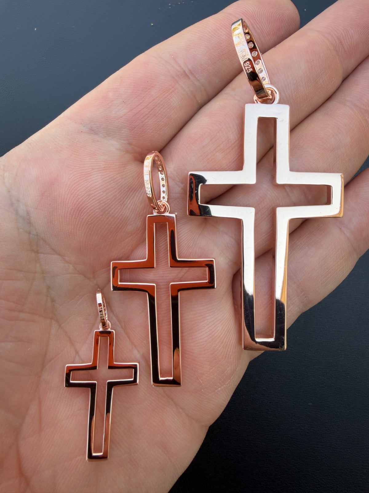 MOISSANITE Classic Cross Cutout Pendant - 14k Rose Gold Vermeil 925 Silver - 3 Sizes 1.33"-3"
