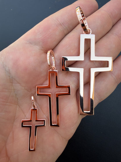 MOISSANITE Classic Cross Cutout Pendant - 14k Rose Gold Vermeil 925 Silver - 3 Sizes 1.33"-3"
