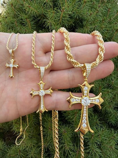 MOISSANITE Hearts Chrome Cross Pendant - 14k Gold Vermeil 925 Silver - 3 Sizes 0.75"-2.75"