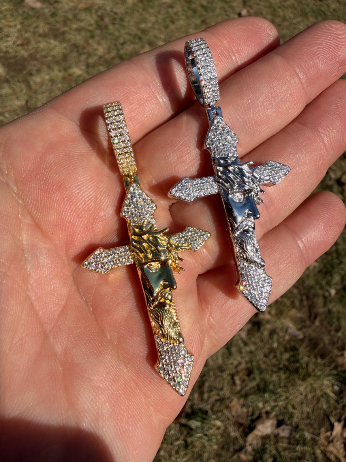 MOISSANITE Passion Of Christ Jesus On Gothic Cross Pendant - 14k Yellow Gold Vermeil Or 925 Silver - Large 2.5"