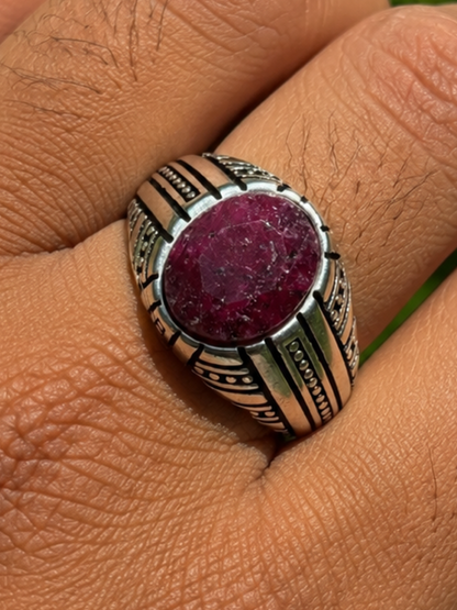 Navajo Tribe Ring - 925 Silver Oxidized - Genuine Red Ruby Stone