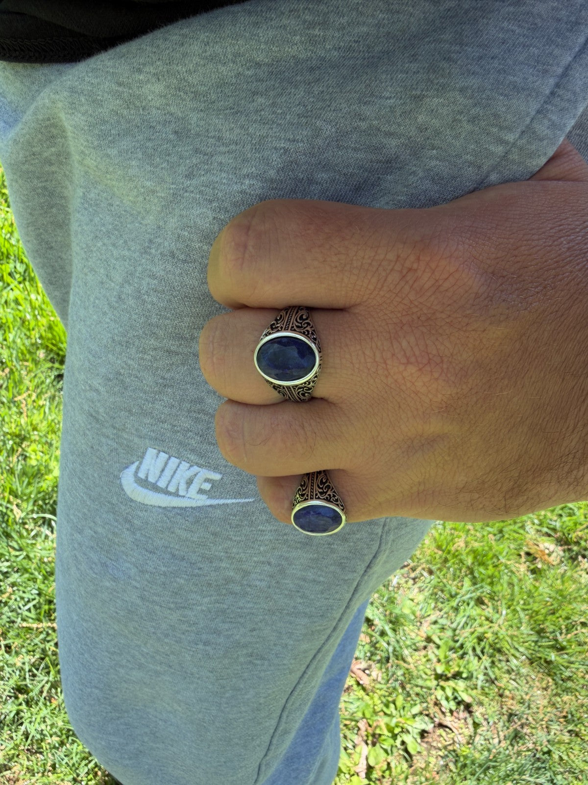 Columbian King Ring - 925 Silver Oxidized - Genuine Blue Sapphire Stone