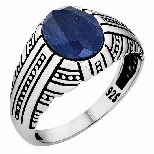 Navajo Tribe Ring - 925 Silver Oxidized - Genuine Blue Sapphire Stone
