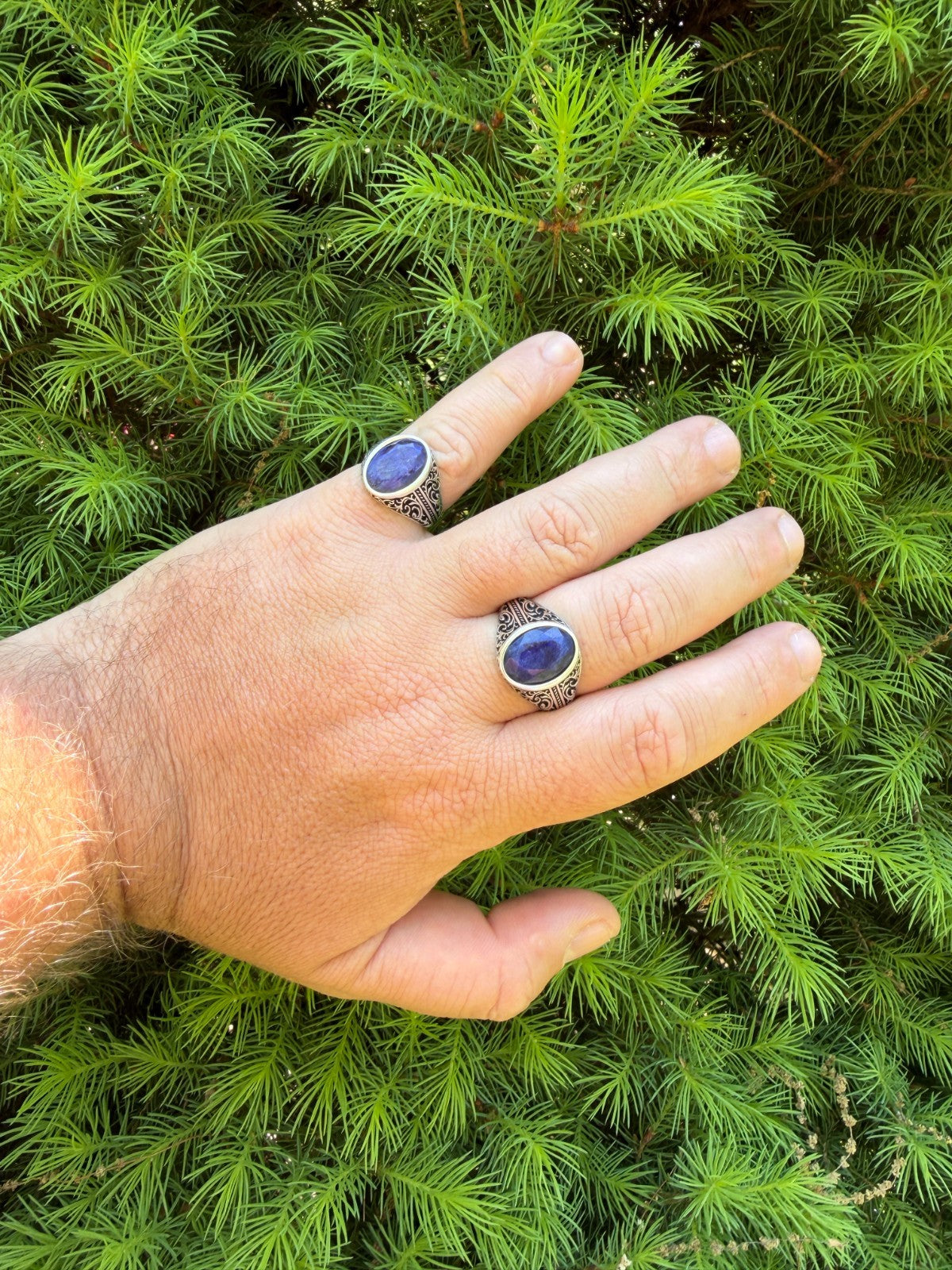 Columbian King Ring - 925 Silver Oxidized - Genuine Blue Sapphire Stone