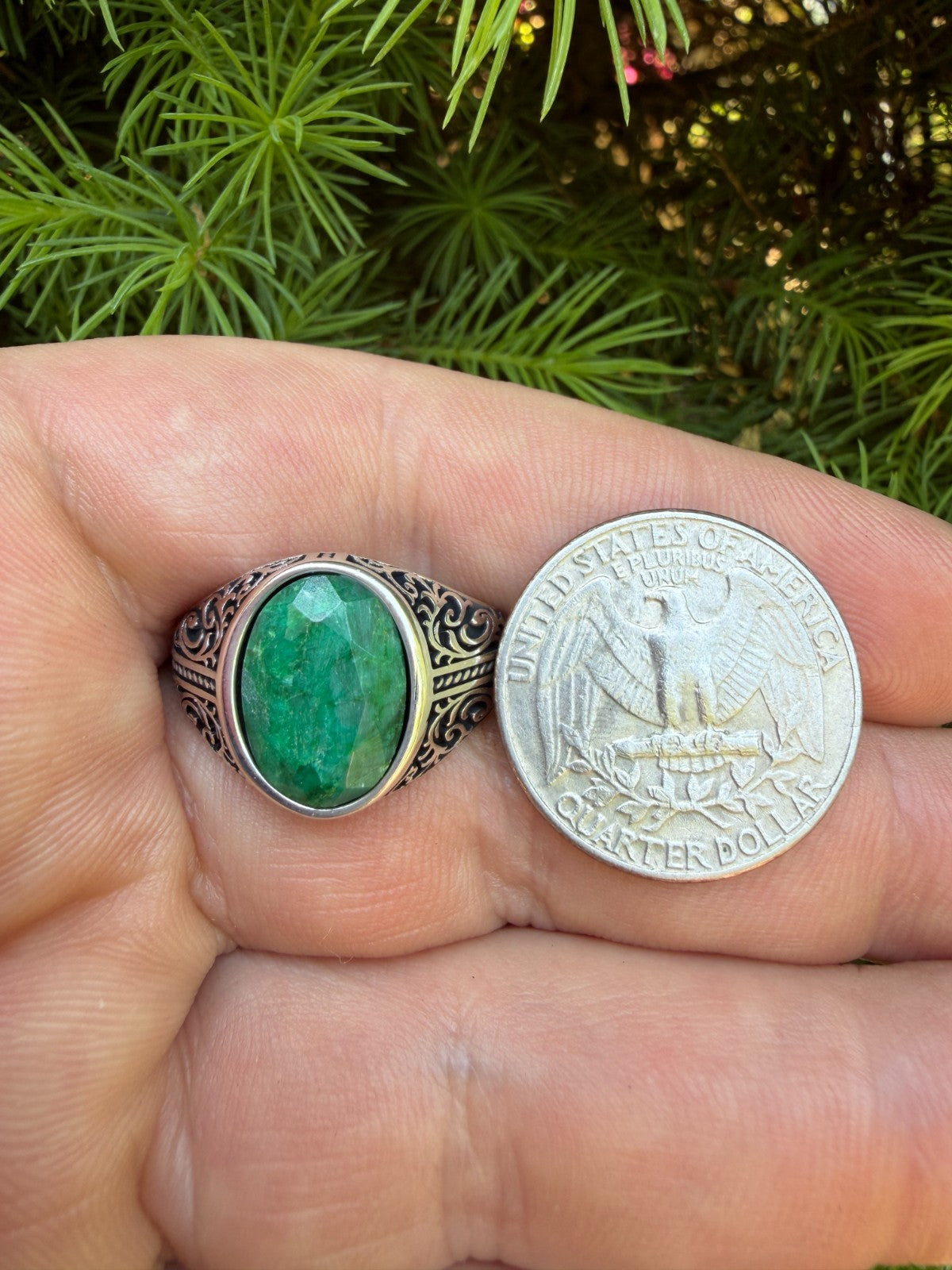 Columbian King Ring - 925 Silver Oxidized - Genuine Green Emerald Stone