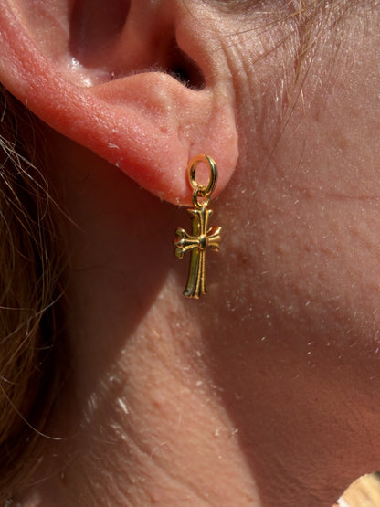 Hearts Of Chrome Studs W. Dangle Cross Earrings - 14k Gold Vermeil 925 Silver