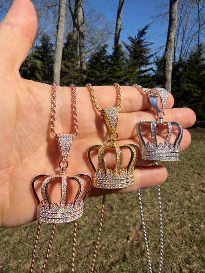 MOISSANITE Royalty Crown Pendant - 14k Yellow/Rose Gold Vermeil or 925 Silver - Large 2"