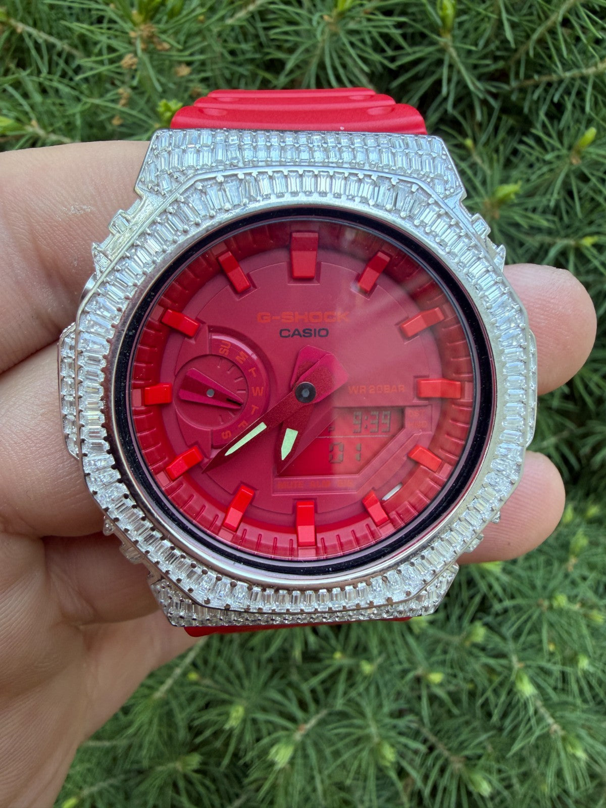 MOISSANITE Real 925 Silver Iced Baguette Red Casio G Shock GA-2100 Hip Hop Watch