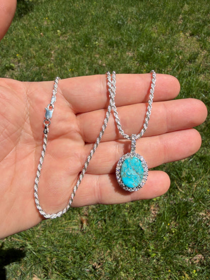 MOISSANITE Royalty Ocean Freeze Pendant - 925 Silver - Oval Genuine Blue Turquoise Stone