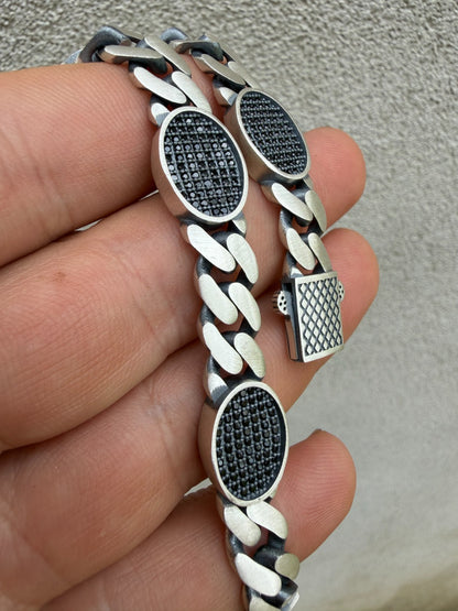 Mens Miami Cuban Link Bracelet W. Iced Out Black CZ Stones - 925 Silver - 8.5" - 12mm