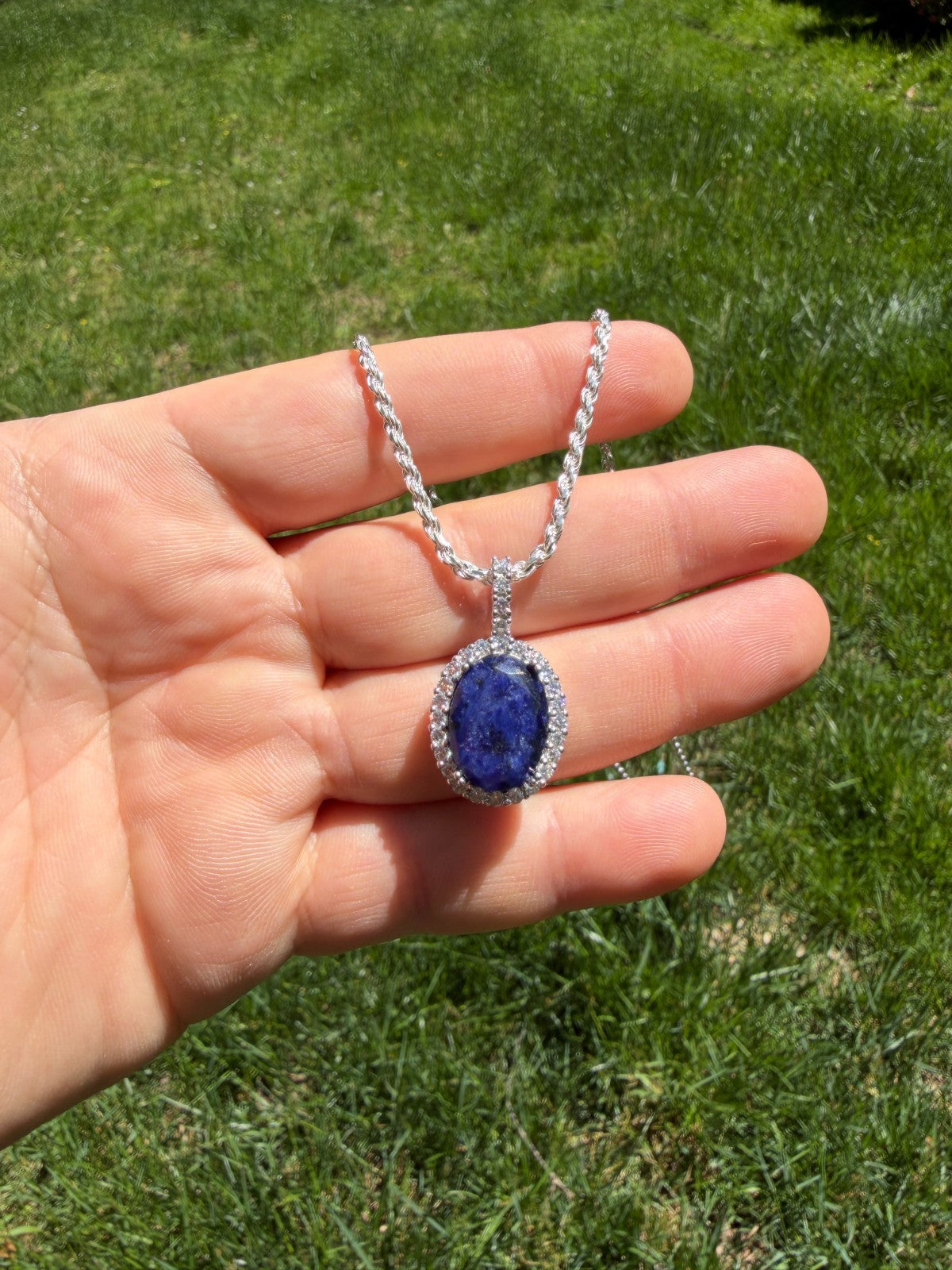 MOISSANITE Royalty Midnight Ocean Pendant - 925 Silver - Oval Genuine Blue Sapphire Stone