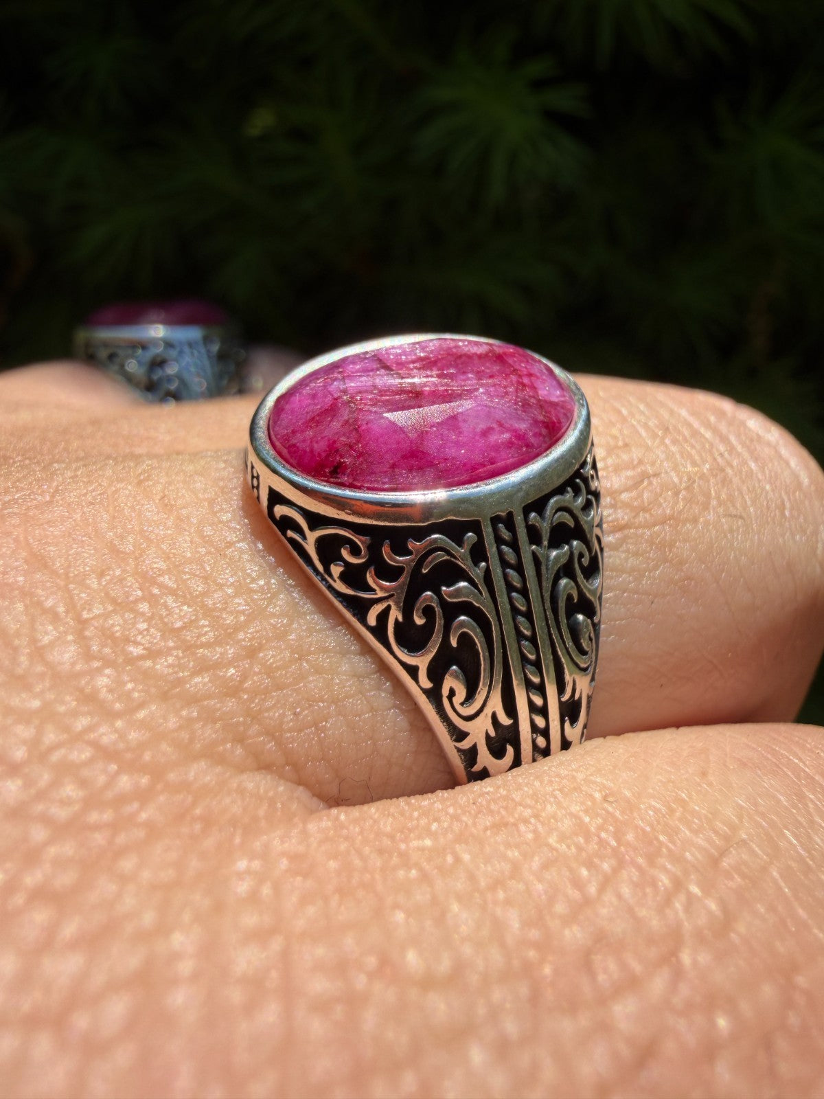 Columbian King Ring - 925 Silver Oxidized - Genuine Red Ruby Stone