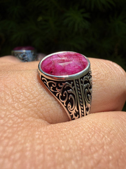 Columbian King Ring - 925 Silver Oxidized - Genuine Red Ruby Stone