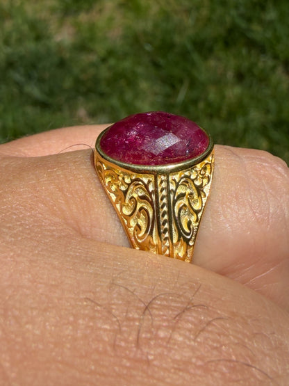 Columbian King Ring - 14k Gold Vermeil 925 Silver - Genuine Red Ruby Stone