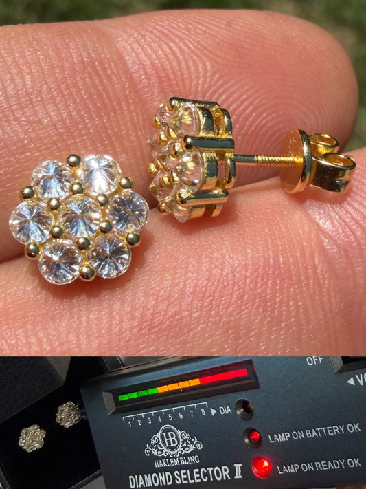 MOISSANITE Upside Down Reverse Set Cluster Iced Out Honeycomb Set Earrings - 14k Gold Vermeil 925 Silver - 9mm
