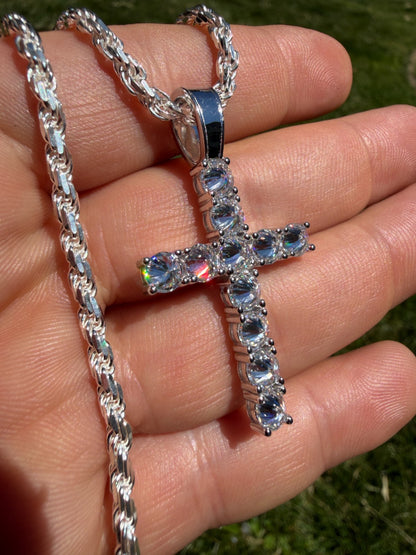 Real 925 Silver Cross Iced Pendant Upside Down Set Reverse MOISSANITE Necklace