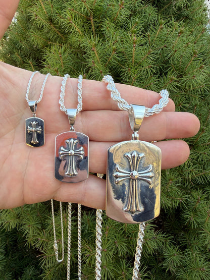 Hearts Chrome Dog Tag Cross Pendant - 925 Silver - 3 Sizes 1"-2.75"