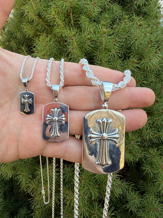 Hearts Chrome Dog Tag Cross Pendant - 925 Silver - 3 Sizes 1"-2.75"