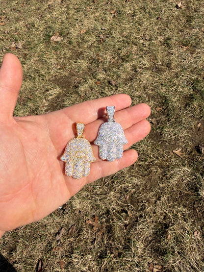 MOISSANITE Mosaic Setting Hamsa W. Evil Eye Pendant - 14k Yellow Gold Vermeil Or 925 Silver - Medium 2"