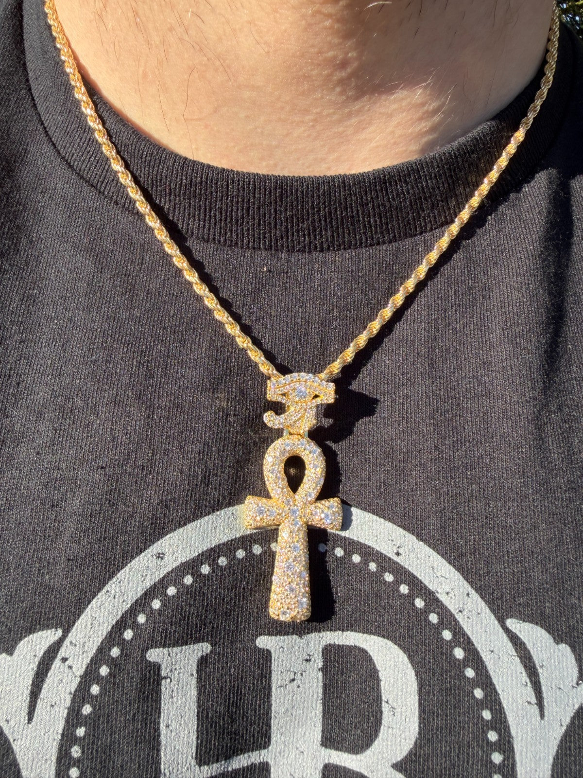 MOISSANITE Mosaic Setting Ankh W. Eye Of Horus Pendant - 14k Yellow Gold Vermeil Or 925 Silver - Medium 2"