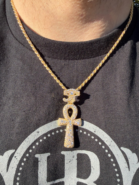 MOISSANITE Mosaic Setting Ankh W. Eye Of Horus Pendant - 14k Yellow Gold Vermeil Or 925 Silver - Medium 2"