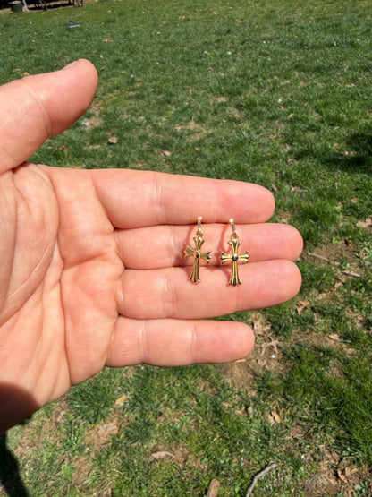 Hearts Of Chrome Huggie Hoops W. Dangle Cross Earrings - 14k Gold Vermeil 925 Silver