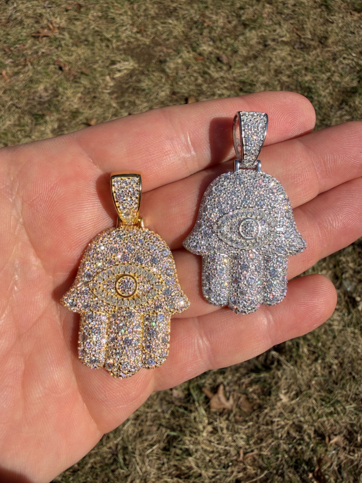 MOISSANITE Mosaic Setting Hamsa W. Evil Eye Pendant - 14k Yellow Gold Vermeil Or 925 Silver - Medium 2"